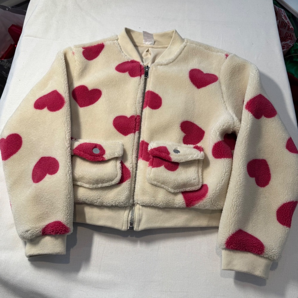 Coquette Trendy Cream Pink Heart Sherpa Fleece Bomber Jacket Juniors‎ Womens XS